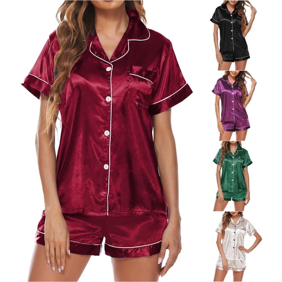 XIAOCHA Solid Satin Pajama Set for Women Short Sleeve Button Top Sleep Shorts