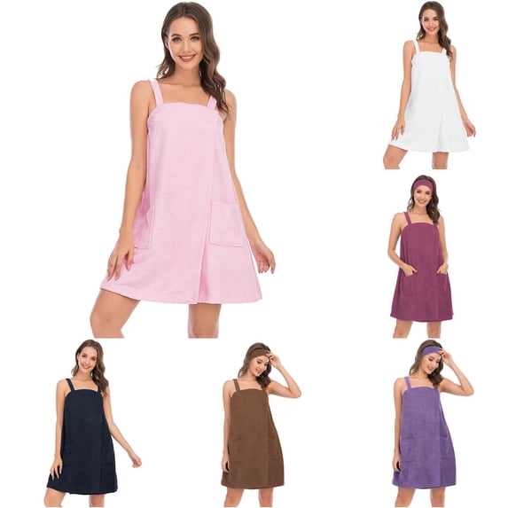 XIAOCHA Solid Terry Cloth Bath Wrap for Women Square Shoulder Strap Pocket Cover Up
