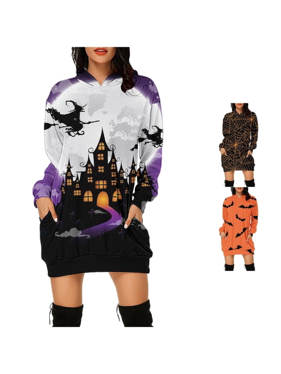 Spider Web Print Hoodie Dress For Women Long Sleeve Pocket Halloween Outfit