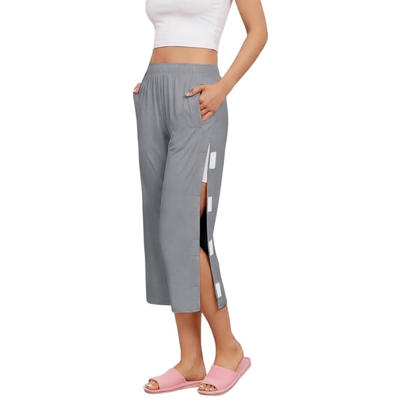 XIAOCHA Split Hem Capri Pants for Women Solid Elastic Waist Pants Casual Daily Bottoms