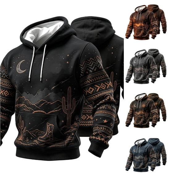 XIAOCHA Star‑Moon‑Cactus‑Cowboy‑Boot Hoodie for Men Long‑Sleeve Western‑Retro Pullover Top, Black, Sizes L