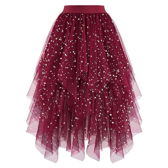 XIAOCHA Star-Printed Layered Asymmetric Skirt for Women Whimsical Party Flowy Midi Skirt