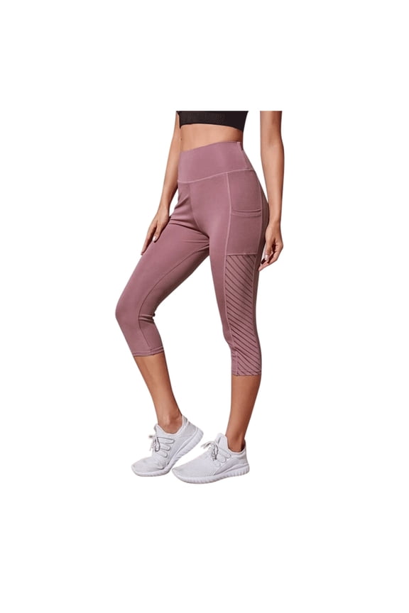 Stretchy Pocket Capris for Women High Waist Leggings Breathable Sheer Mesh Workout Pants