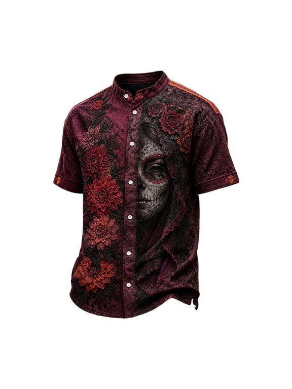 Sugar Skull Face Print Short Sleeve Shirt for Men Mandarin Collar Lace Button Down Shirt
