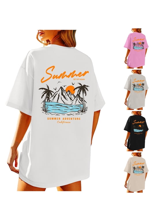 Summer Beach Tree Mountain Graphic Tee For Women Oversized Short Sleeve Back Print T Shirt