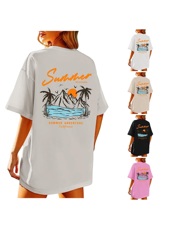 Summer Beach Tree Mountain Graphic Tee For Women Oversized Short Sleeve Back Print T Shirt