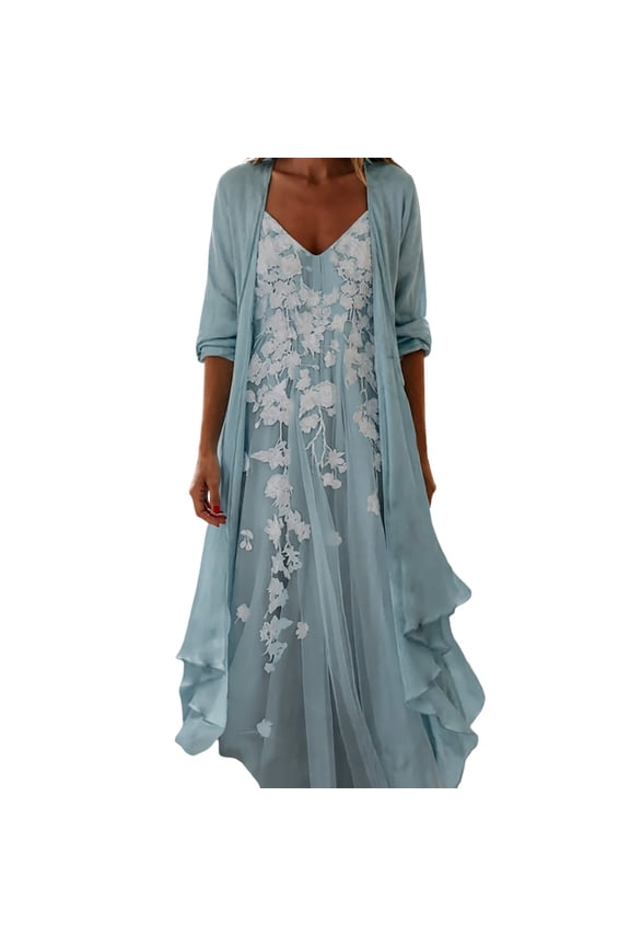 Summer Boho Maxi Set for Women Watercolor Floral Print Dress Ruffle Hem Chiffon Cardigan