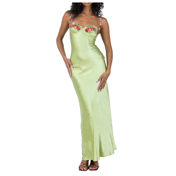 XIAOCHA Summer Chic Maxi Dress for Women Floral Embroidery Spaghetti Strap Club Gowns