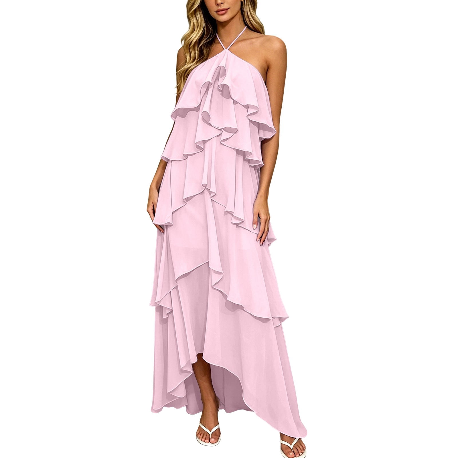 chiffon tiered halterneck maxi dress Mariah White chiffon ruffle halter neck maxi dress S / Pink