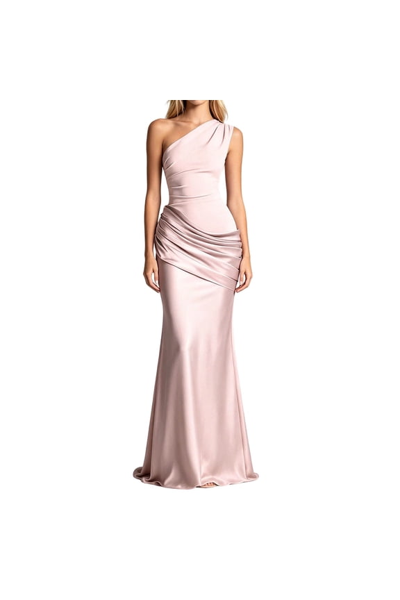 Summer Formal Maxi Gown for Women One Shoulder Draped Satin Solid Ruched Wedding Guest Dress