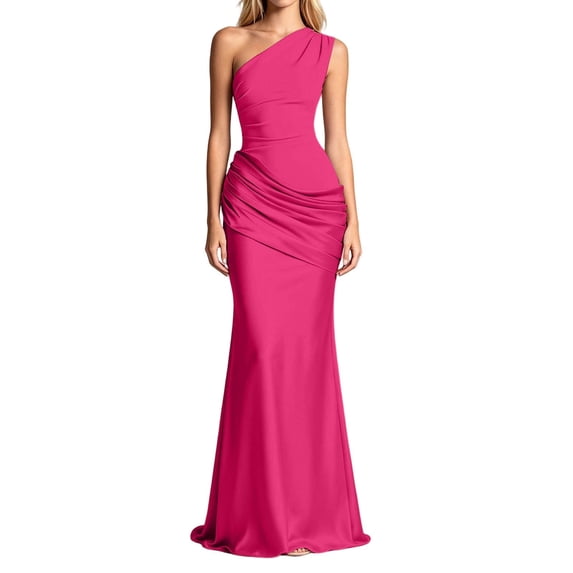 XIAOCHA Summer Glam Maxi Dress for Women One Shoulder Ruched Waist Solid Satin Formal Party Gown