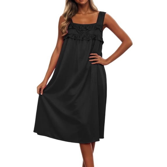 XIAOCHA Summer Sleeveless Midi Nightdress for Women Solid Square Neck Tier Ruffle Pocket Loose Loungewear Sleep Dresses