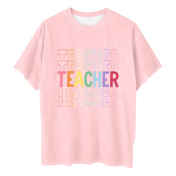 XIAOCHA Teacher Short Sleeve T Shirt for Women Letter Print Rainbow Casual Graphic Tee