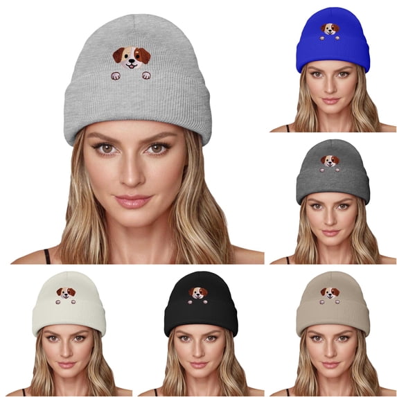 XIAOCHA Thick Fall‑Winter Beanie for Women,Puppy‑Embroidered Outdoor Skullcap,Light Gray