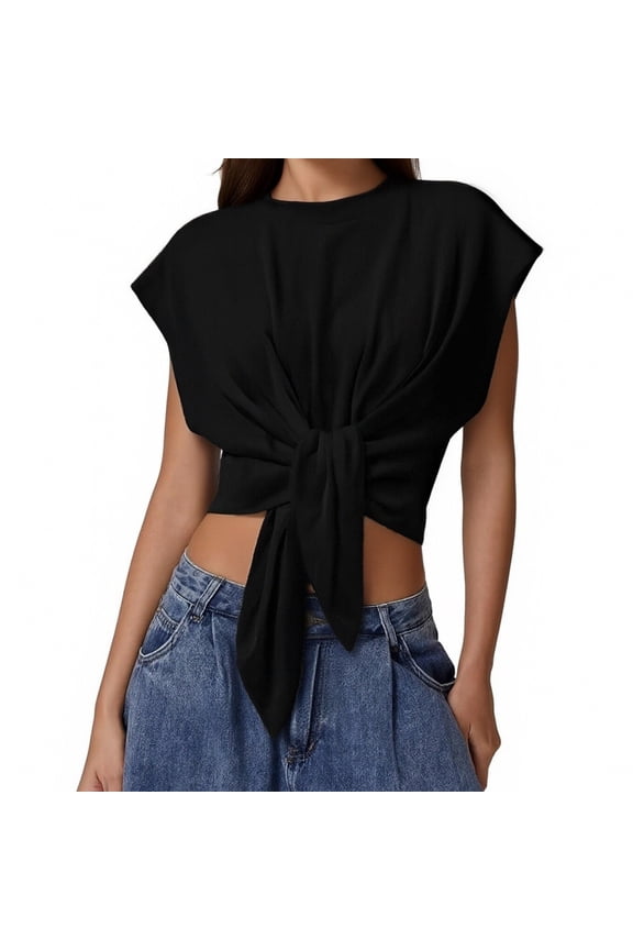 Tie Front Crop Top For Women Sleeveless Crew Neck Knotted Blouse Lightweight Trendy Casual Shirt