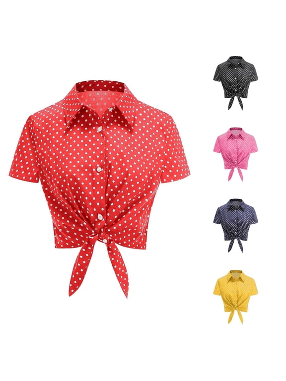Tie‑Front Shirt for Women Polka Dot Graphic Short Sleeve Collared Blouse, Sizes XXL