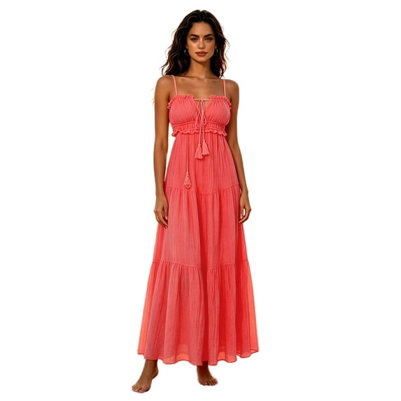 XIAOCHA Tiered Summer Dress for Women Spaghetti-Strap Fringed Ruffled Bohemian Vacation Maxi Dresses