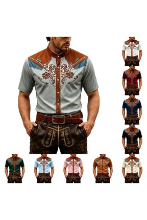 Trachten Floral Embroidery Button Up Shirt For Men Short Sleeve Straight Tops Local Event Shirts