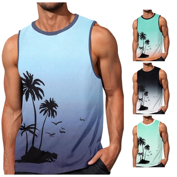 XIAOCHA Tree Print Tank Top For Men Round Neck Sleeveless Gradient Casual Beach Vest