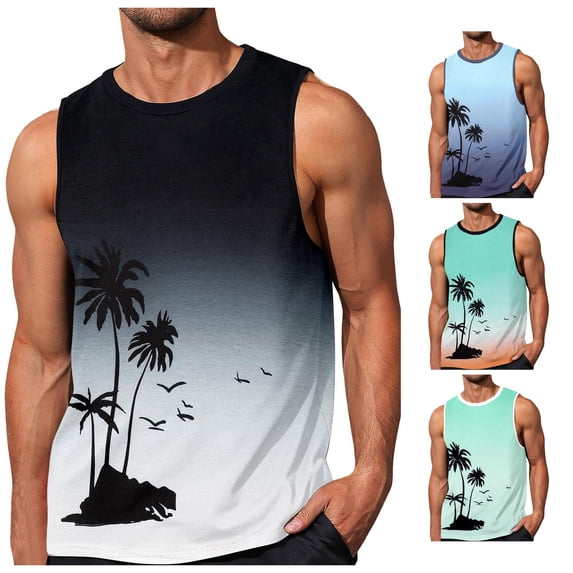 XIAOCHA Tree Print Tank Top For Men Round Neck Sleeveless Gradient Casual Beach Vest