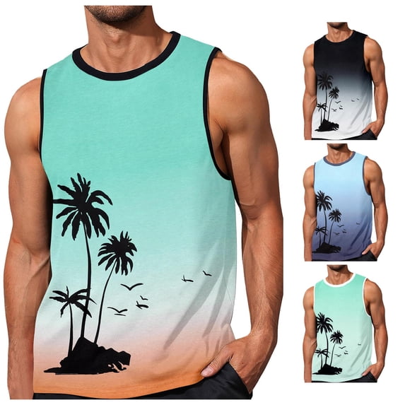 XIAOCHA Tree Print Tank Top For Men Round Neck Sleeveless Gradient Casual Beach Vest
