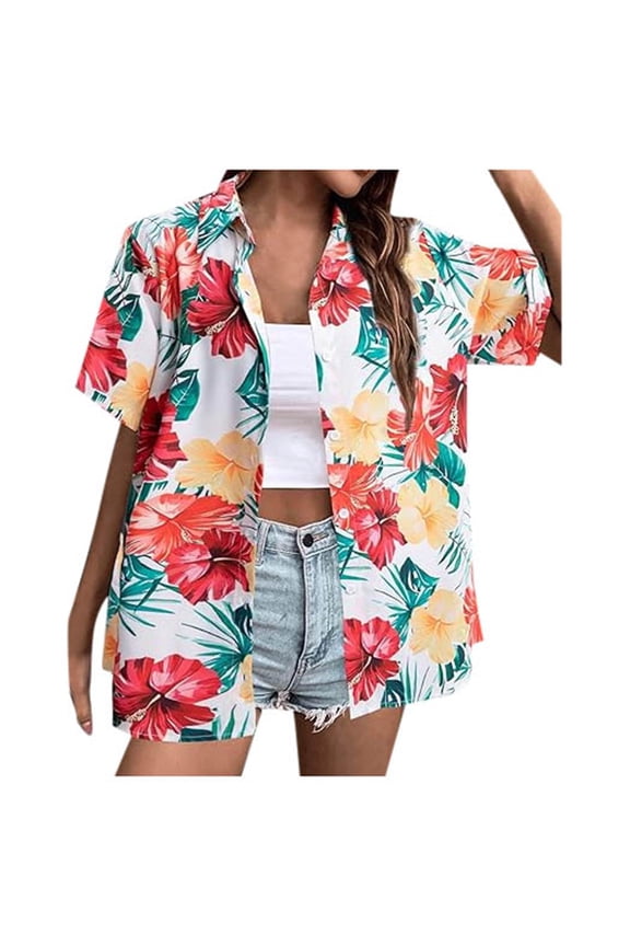 Tropical Print Button Shirt for Women Casual Relaxed Summer Beach Vacation Blouse