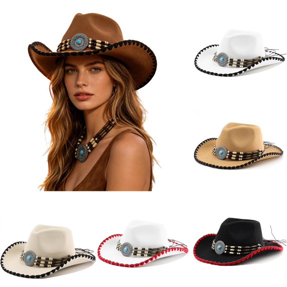 XIAOCHA Turquoise Accent Cowgirlhat Womens Beaded Trimming Cowboy Hats Rodeo Wide Brim Western Hat,Brown