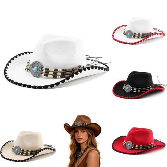 XIAOCHA Turquoise Accent Cowgirlhat Womens Beaded Trimming Cowboy Hats Rodeo Wide Brim Western Hat,White1