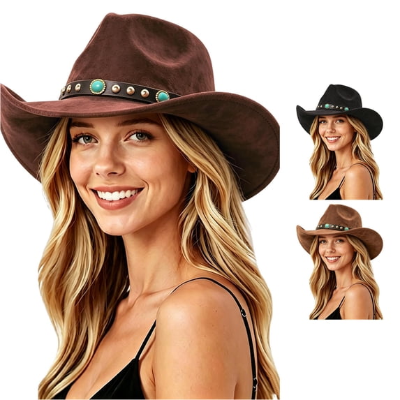 XIAOCHA Turquoise Accent Suede Cowboy Hat for Womens Wide Brim Outdoor Rodeo Cowgirlhat Farm Western Hat,Brown