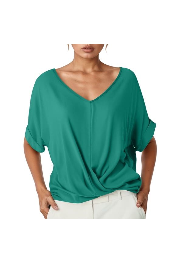 Twisted Front Dolman Blouse for Women Short Rolled Sleeve V Neck Flowy Top Airy Relaxed Weekend Tops