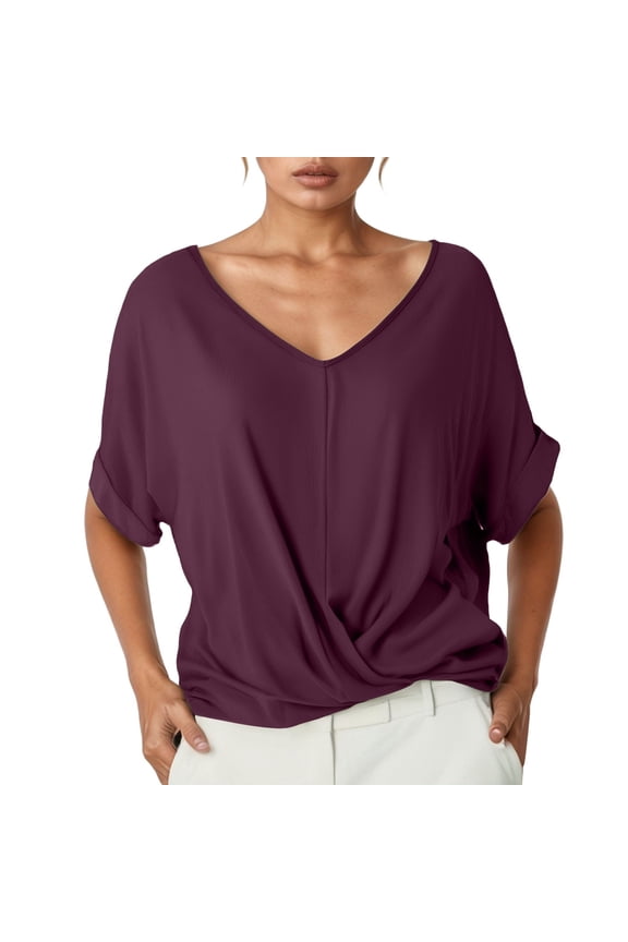 Twisted Front Dolman Blouse for Women Short Rolled Sleeve V Neck Flowy Top Airy Relaxed Weekend Tops