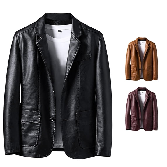 XIAOCHA Two Button Leather Blazer For Men Turn-Down Collar Slim Fit Business Casual Outerwear Coat