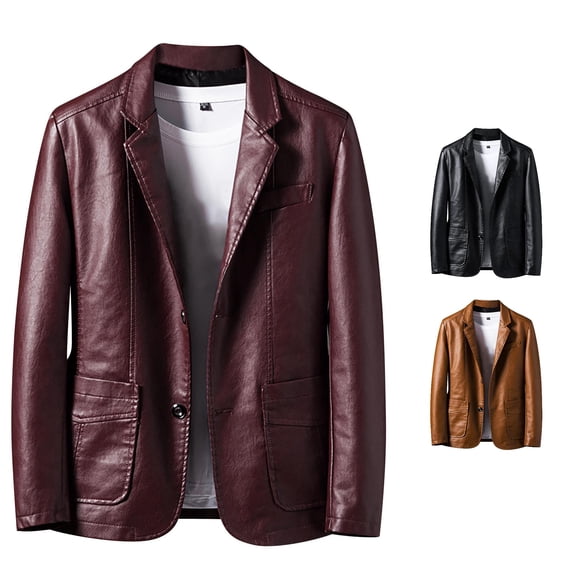 XIAOCHA Two Button Leather Blazer For Men Turn-Down Collar Slim Fit Business Casual Outerwear Coat