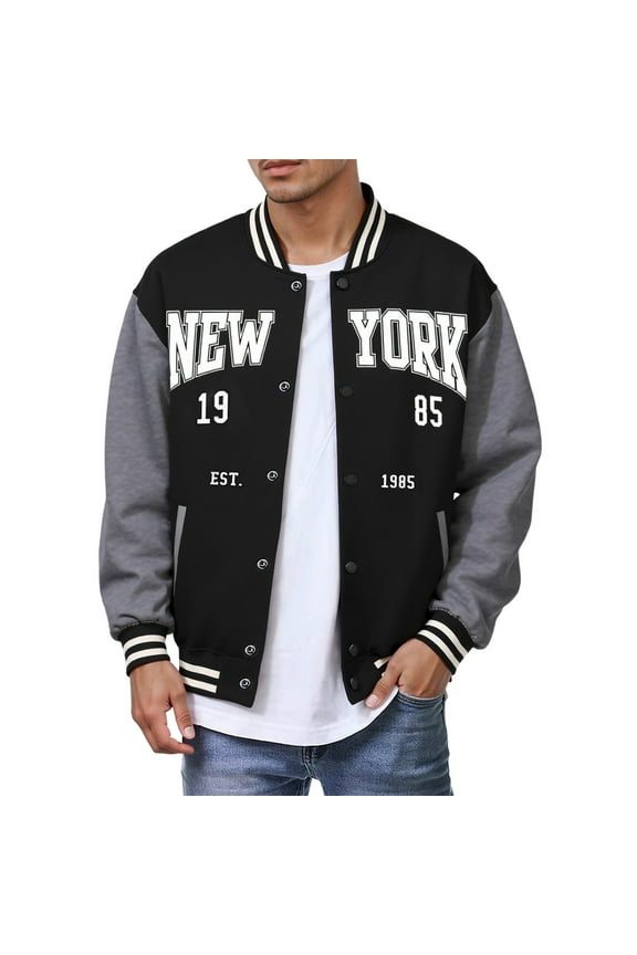 Two Tone Varsity Jacket For Men New York Letter Print Rib Cuff Button Front Coat