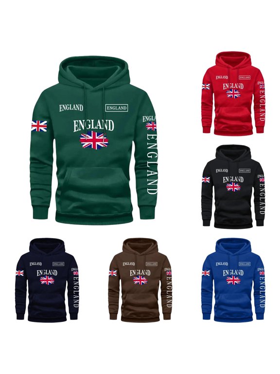Union Jack Flag Letter Print Pullover Hoodie For Men Front Pocket Outdoor Walking Loose Hooded Sweatshirt