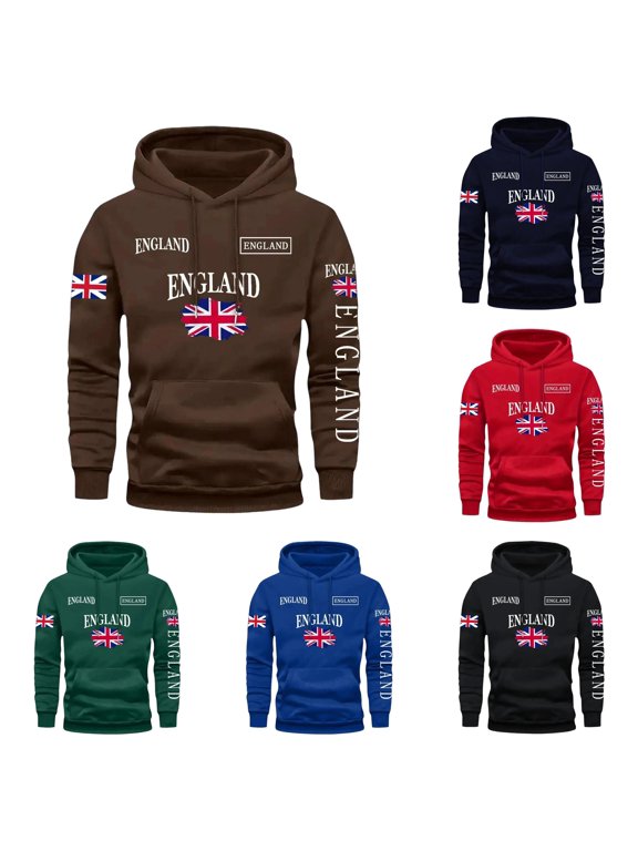 Union Jack Flag Letter Print Pullover Hoodie For Men Front Pocket Outdoor Walking Loose Hooded Sweatshirt