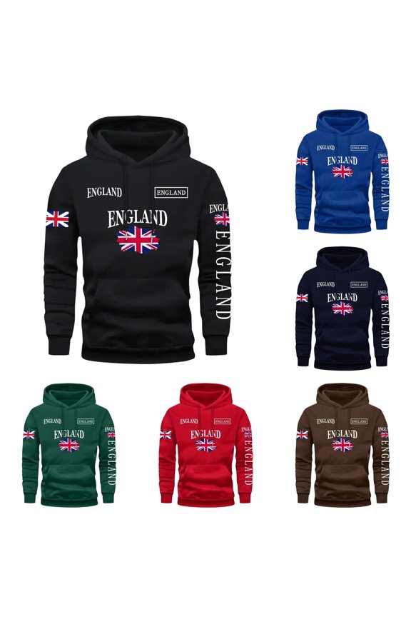 Union Jack Flag Letter Print Pullover Hoodie For Men Front Pocket Outdoor Walking Loose Hooded Sweatshirt