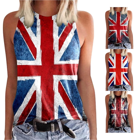XIAOCHA Union Jack Flag Print Tank Top For Women Sleeveless Crew Neck Summer Vest