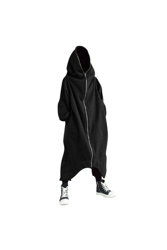 Unisex Oversized Full Zip Hooded Coat Longline Fit Asymmetric Hem Pocket Outerwear Edgy Modern Streetwear Daily Wear Jacket