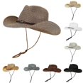 thumbnail image 1 of XIAOCHA Unisex Woven Straw Cowboy Hat Chin Cord Fastener Wide Brim Sun Cap, 1 of 3