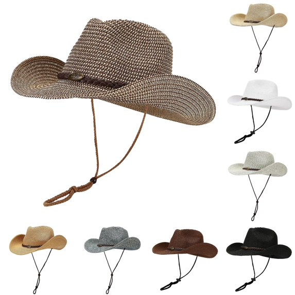 XIAOCHA Unisex Woven Straw Cowboy Hat Chin Cord Fastener Wide Brim Sun Cap