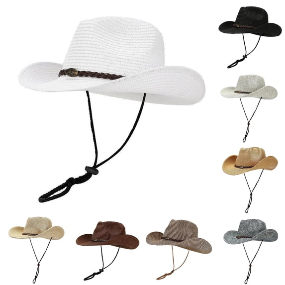 XIAOCHA Unisex Woven Straw Cowboy Hat Chin Cord Fastener Wide Brim Sun Cap
