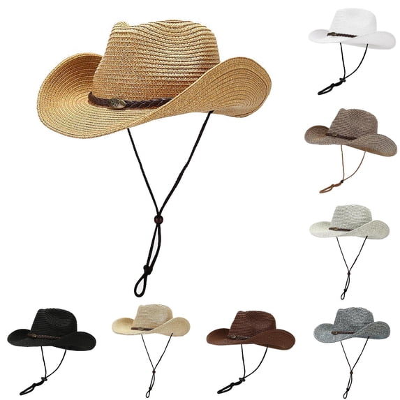 XIAOCHA Unisex Woven Straw Cowboy Hat Chin Cord Fastener Wide Brim Sun Cap