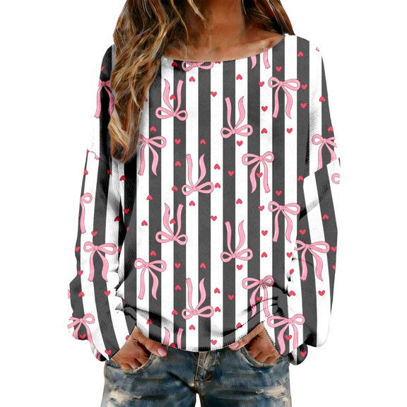 XIAOCHA Valentine's Day Heart Print Knit Long Sleeve Top for Women Trendy Comfy Soft Stretch Wide Neck Loose Fit Casual Daily Wear