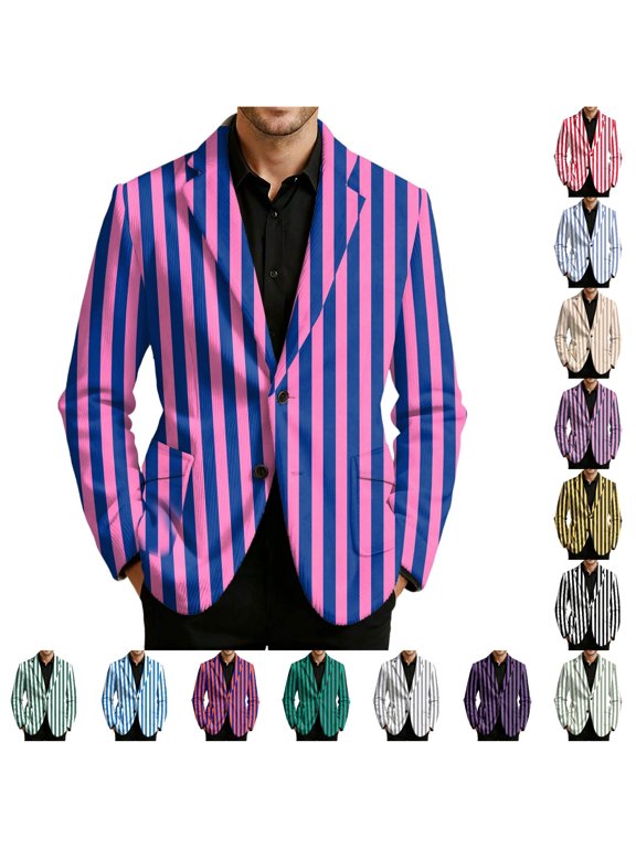 Vertical Stripe Turn-Down Collar Blazer For Men Single Breasted Club Night Slim Fit Formal Jacket