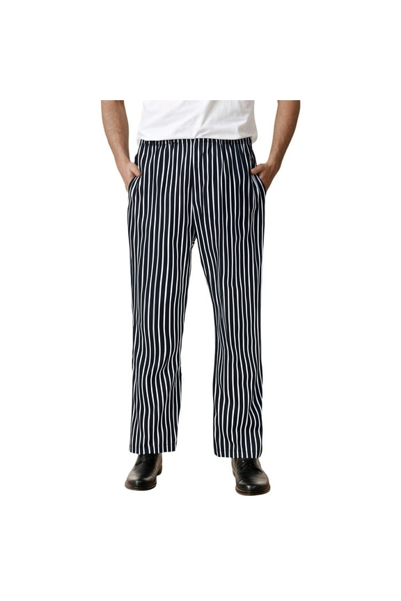 Vertical Striped Chef Pants for Men Full Length Elastic Waist Uniform Trousers Durable Simple Kitchen Work Pants