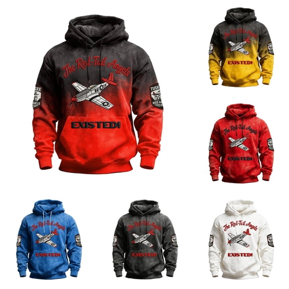 XIAOCHA Vintage Aviation Hoodie For Men Aircraft Patch Print Pullover Top Drawstring Hooded Sweatshirt, Brick Red, Sizes XXL