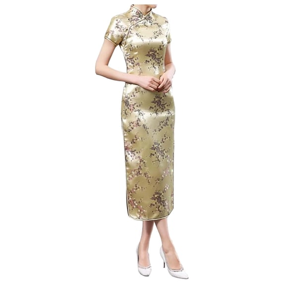 XIAOCHA Vintage Cheongsam Dress Summer Embroidered Short Sleeve Traditional Qipao Dress Formal Evening Maxi Gown