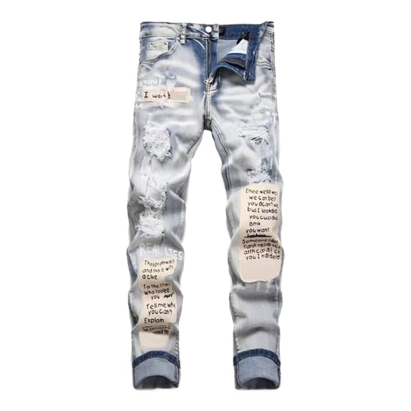 XIAOCHA Vintage Ripped Jeans Slim-Fit Button Denim Straight Pants Streetwear Casual Daily Wear PantsSky BlueL