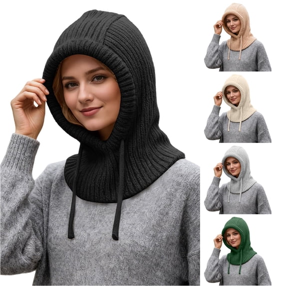 XIAOCHA Warm Balaclava for Women,Drawstring Rib‑Knit Fall‑Winter Outdoor Hoodhat,Black